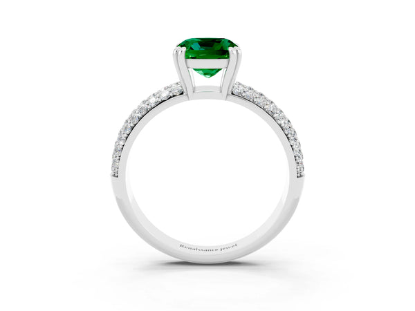 White gold Cushion Cut Emerald Solitaire Ring with Multi-Row Round Pavé Band and Prong Setting