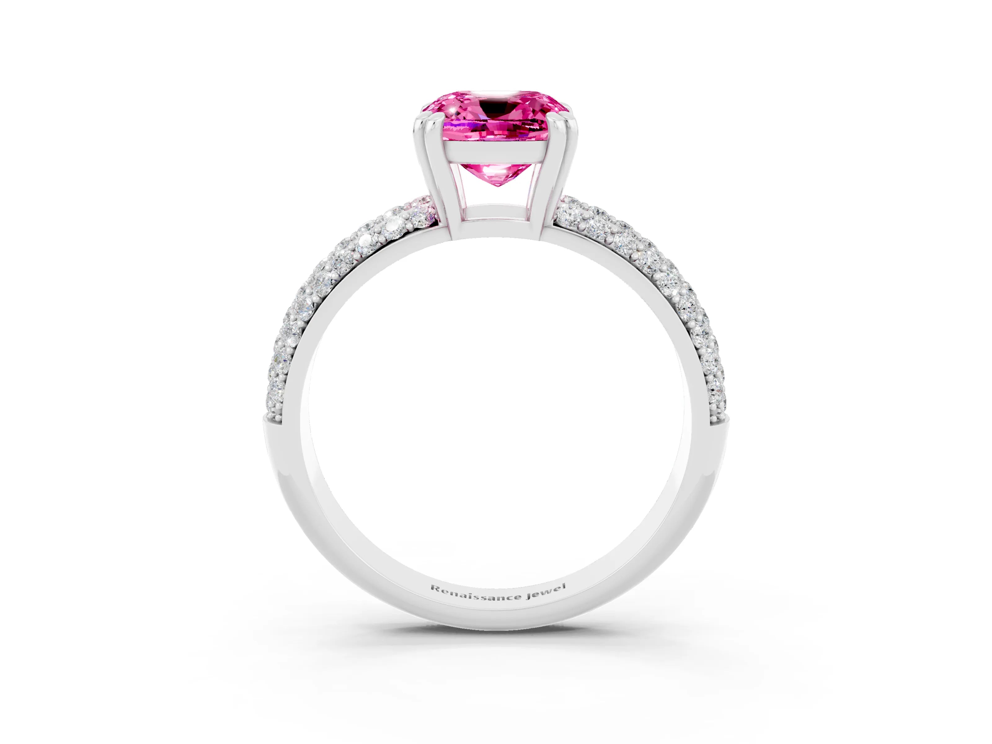 White gold Cushion Cut Cut Pave Diamond Engagement Ring with Channel Set Band and Four-Prong Setting_3