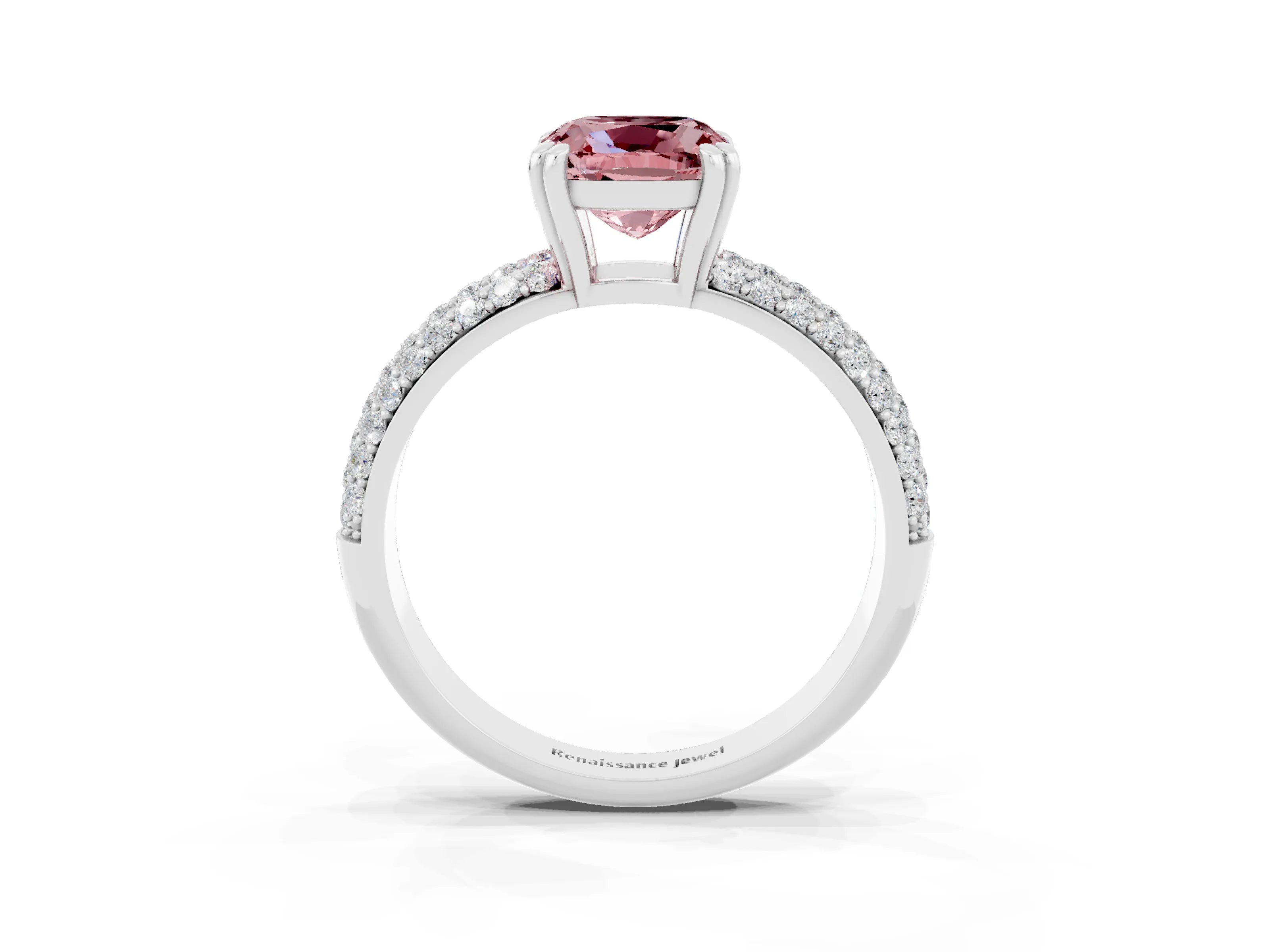 White gold Cushion Cut Cut Pave Diamond Engagement Ring with Channel Set Band and Four-Prong Setting_3