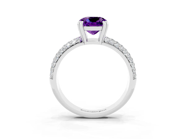 White gold Cushion Cut Amethyst Solitaire Ring with Multi-Row Round Pavé Band and Prong Setting