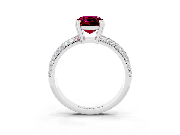 Platinum Cushion Cut Garnet Solitaire Ring with Multi-Row Round Pavé Band and Prong Setting
