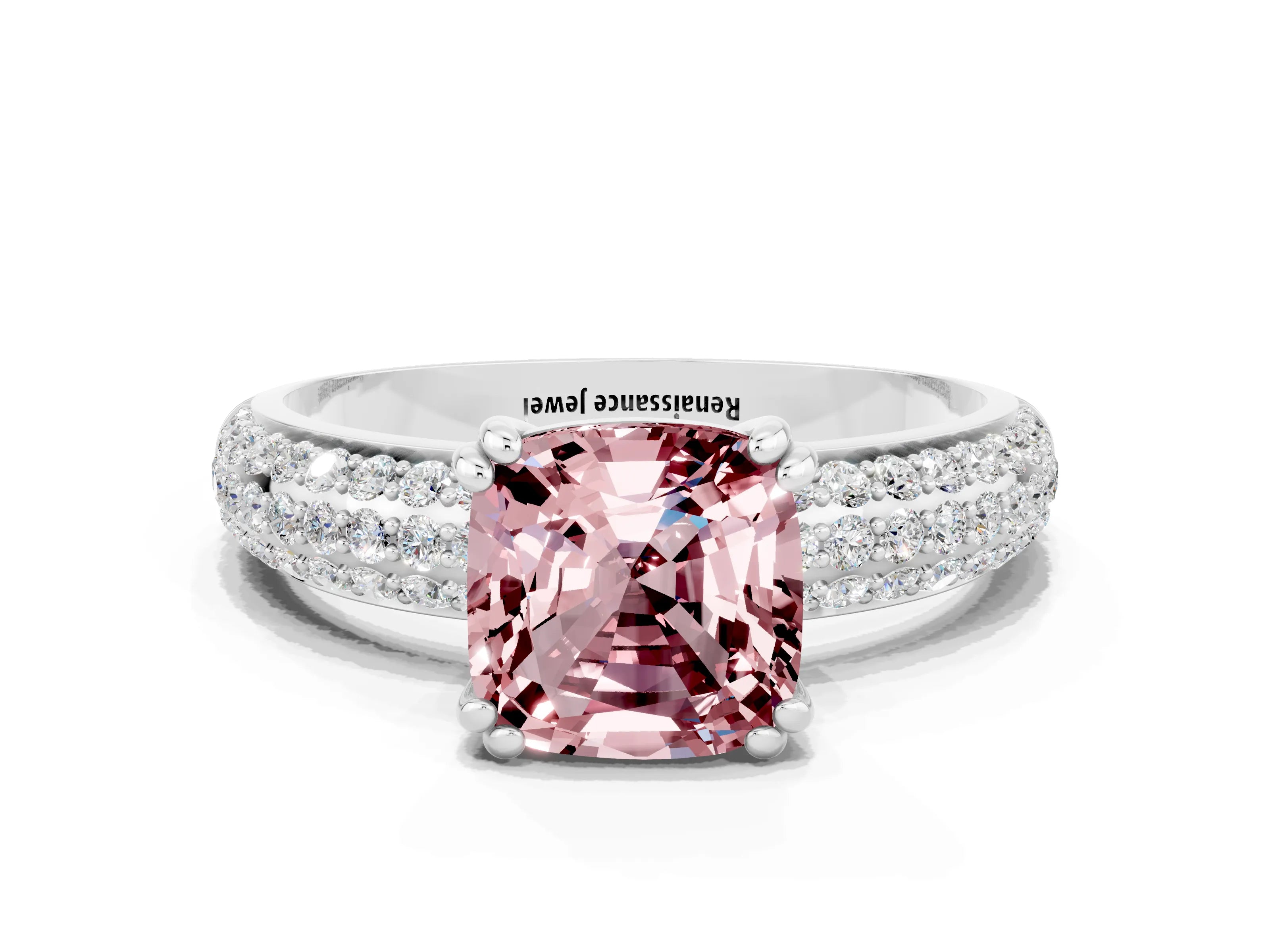 White gold Cushion Cut Cut Pave Diamond Engagement Ring with Channel Set Band and Four-Prong Setting