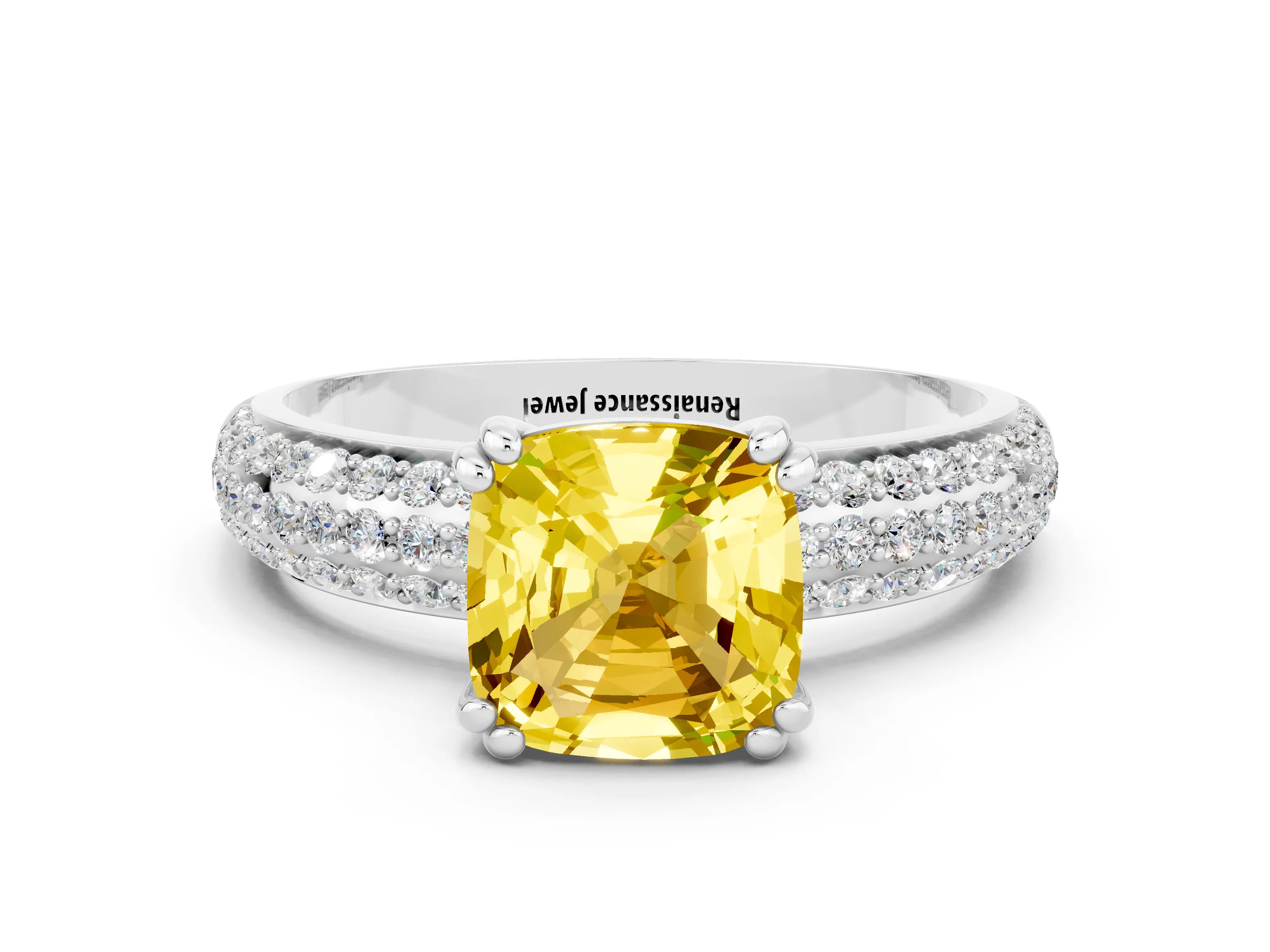 White gold Cushion Cut Cut Pave Diamond Engagement Ring with Channel Set Band and Four-Prong Setting