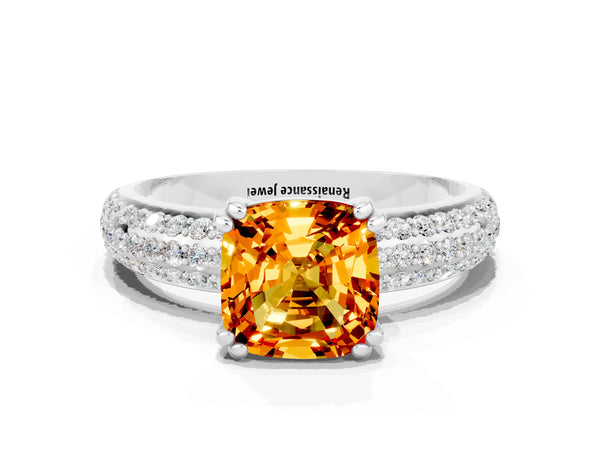 Platinum Cushion Cut Citrine Solitaire Ring with Multi-Row Round Pavé Band and Prong Setting