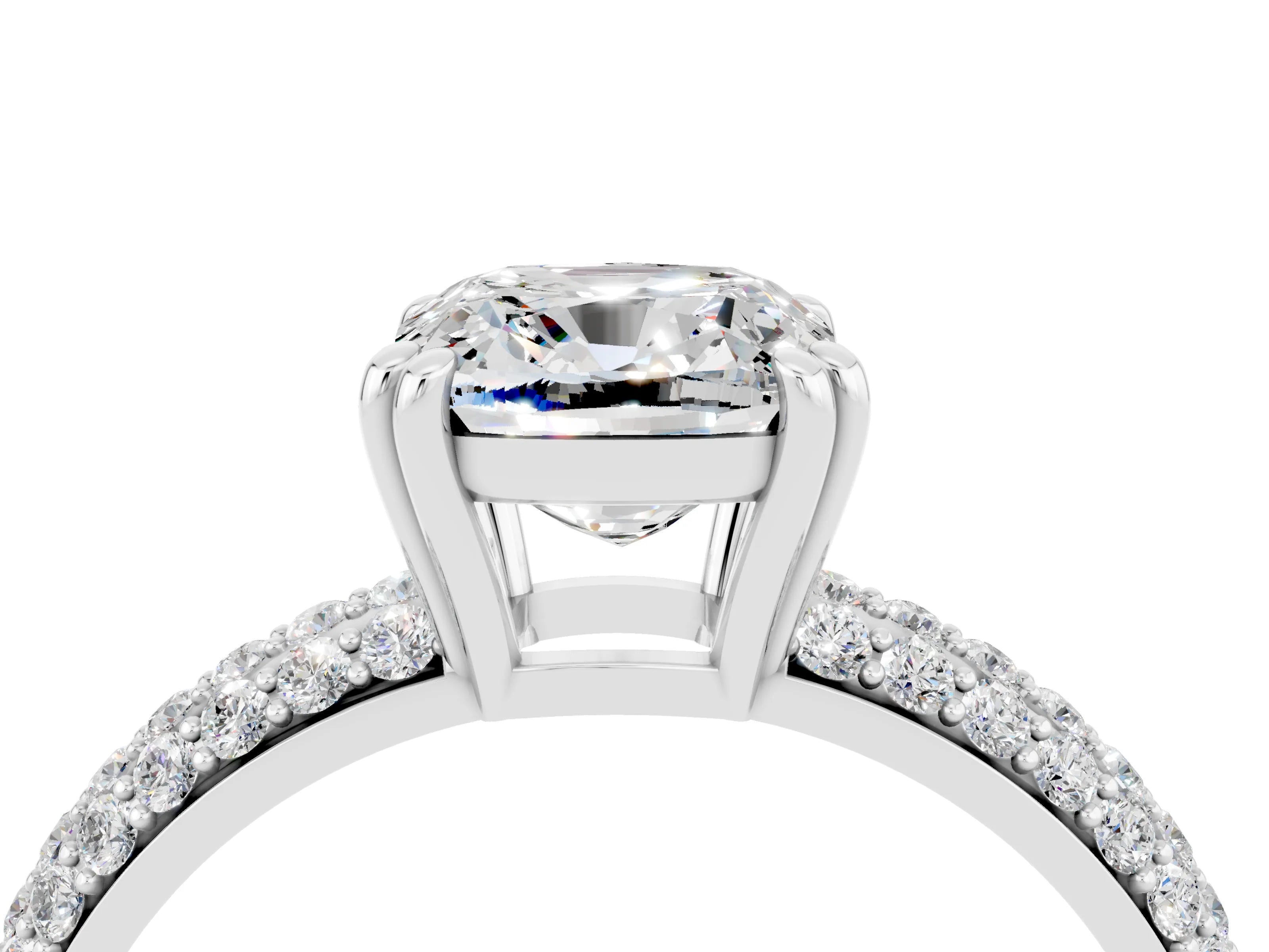 White gold Cushion Cut Cut Pave Diamond Engagement Ring with Channel Set Band and Four-Prong Setting_4