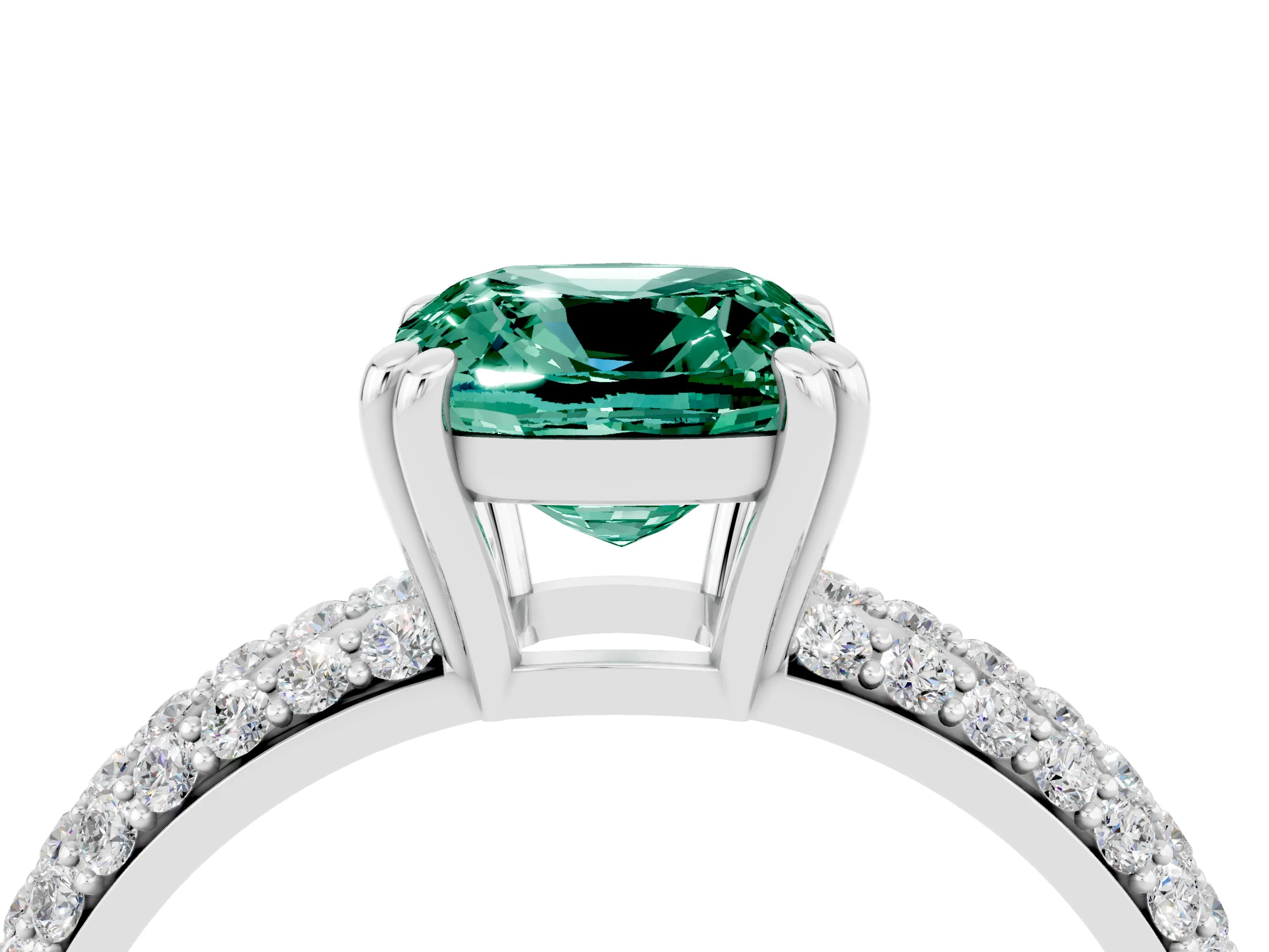 White gold Cushion Cut Cut Pave Diamond Engagement Ring with Channel Set Band and Four-Prong Setting_4