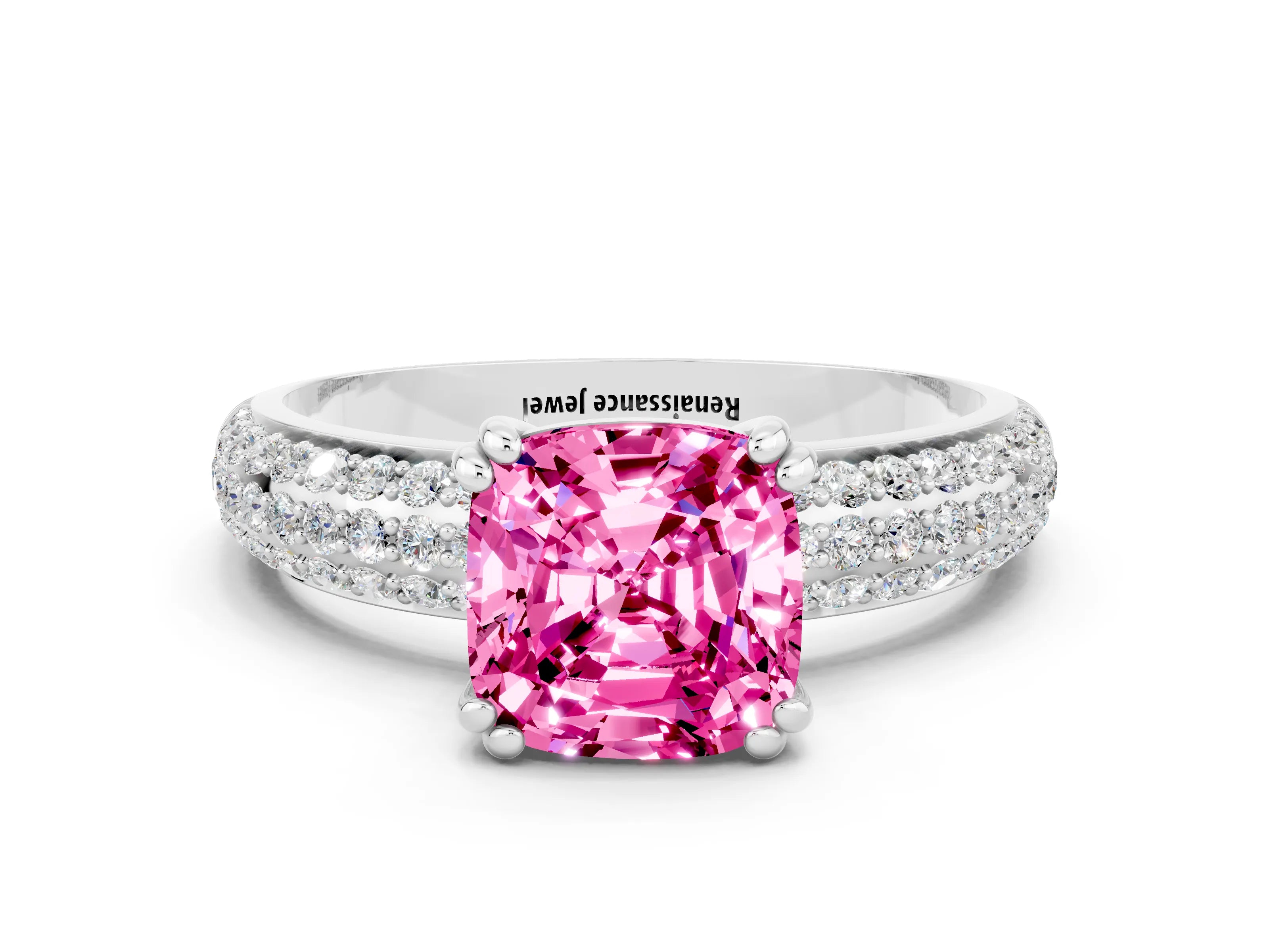 White gold Cushion Cut Cut Pave Diamond Engagement Ring with Channel Set Band and Four-Prong Setting
