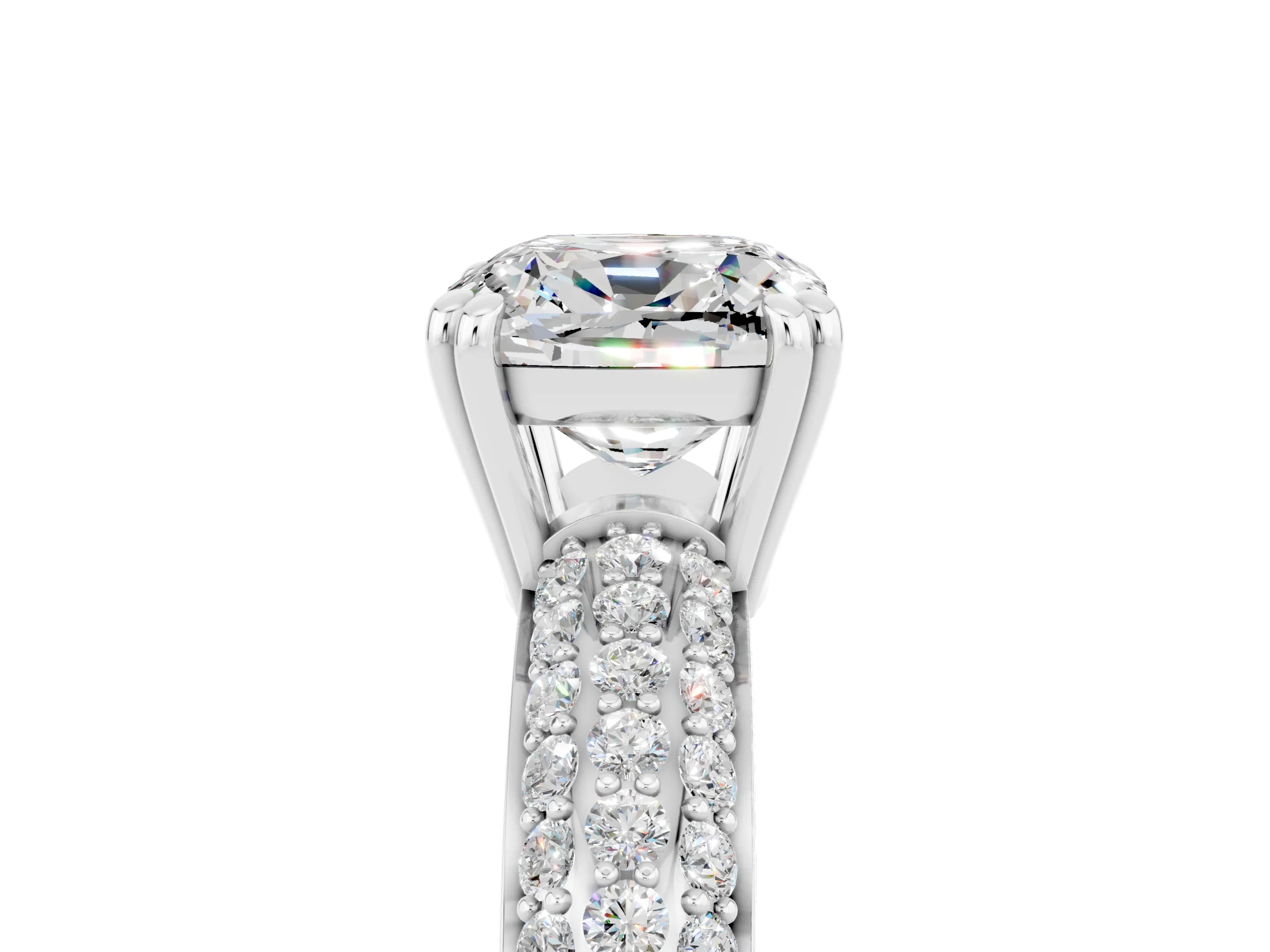 White gold Cushion Cut Cut Pave Diamond Engagement Ring with Channel Set Band and Four-Prong Setting_5