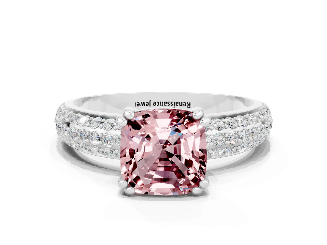 White gold Cushion Cut Cut Pave Diamond Engagement Ring with Channel Set Band and Four-Prong Setting