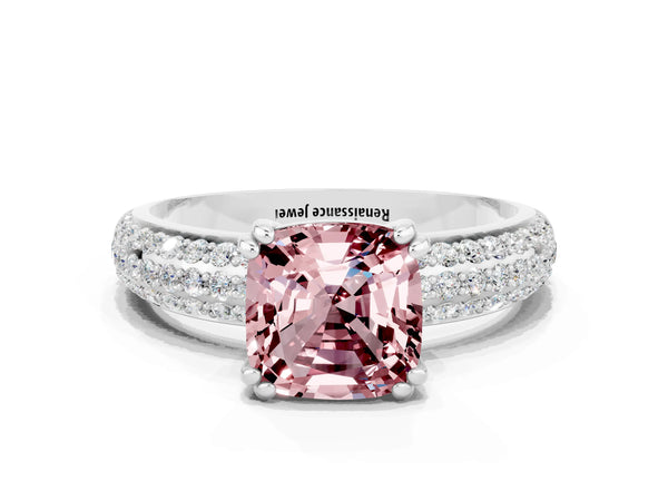 Platinum Cushion Cut Cut Pave Diamond Engagement Ring with Channel Set Band and Four-Prong Setting
