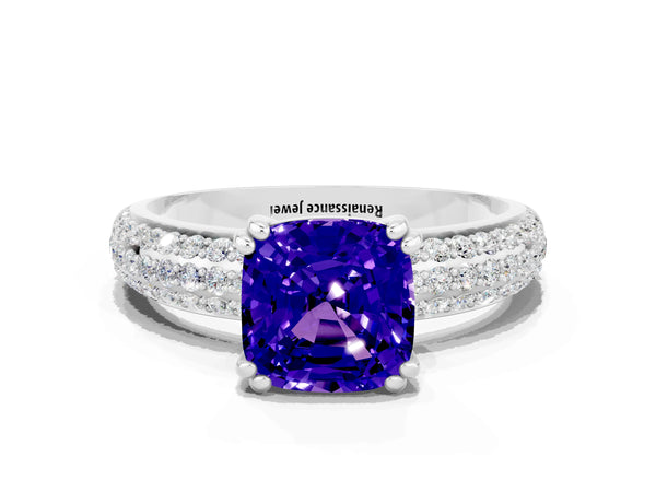 White gold Cushion Cut Tanzanite Solitaire Ring with Multi-Row Round Pavé Band and Prong Setting