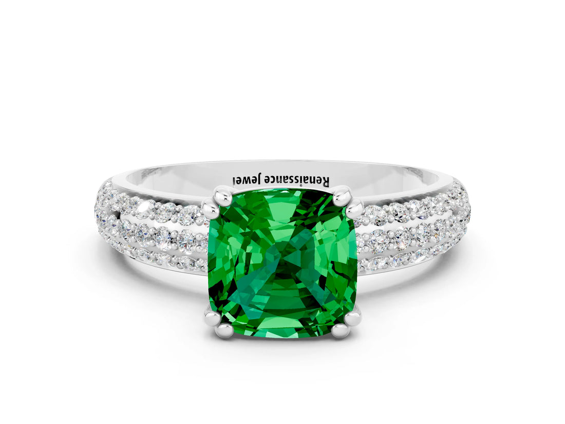 White gold Cushion Cut Cut Pave Diamond Engagement Ring with Channel Set Band and Four-Prong Setting
