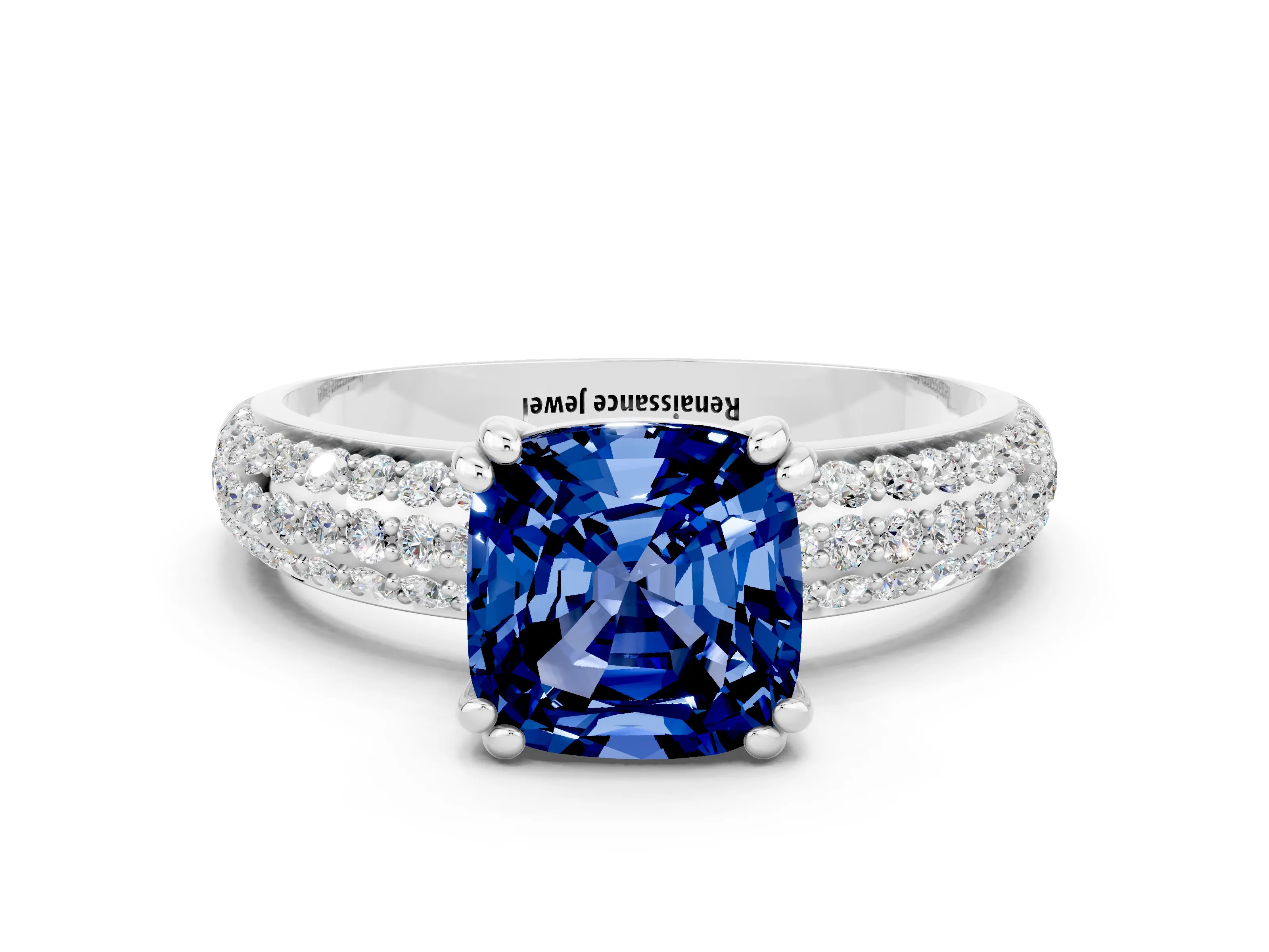 White gold Cushion Cut Cut Pave Diamond Engagement Ring with Channel Set Band and Four-Prong Setting