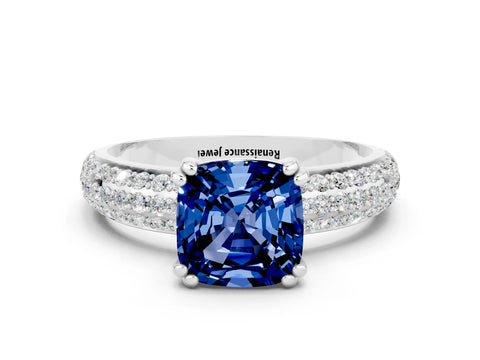 White gold Cushion Cut Cut Pave Diamond Engagement Ring with Channel Set Band and Four-Prong Setting