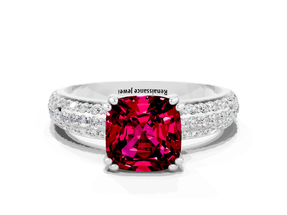 White gold Cushion Cut Cut Pave Diamond Engagement Ring with Channel Set Band and Four-Prong Setting