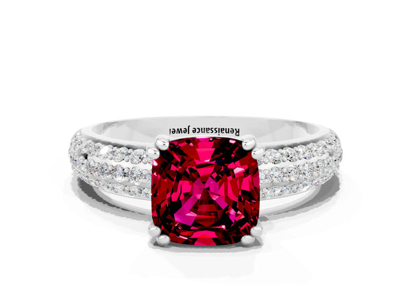 Platinum Cushion Cut Garnet Solitaire Ring with Multi-Row Round Pavé Band and Prong Setting