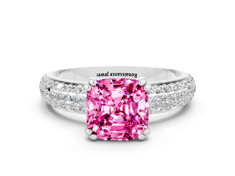 White gold Cushion Cut Cut Pave Diamond Engagement Ring with Channel Set Band and Four-Prong Setting