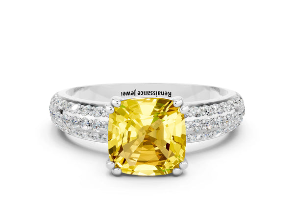 Silver Cushion Cut Yellow Sapphire Solitaire Ring with Multi-Row Round Pavé Band and Prong Setting