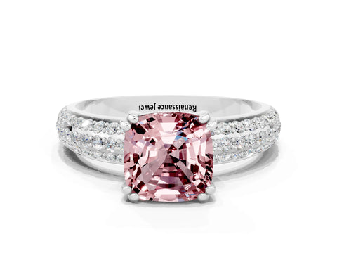 White gold Cushion Cut Cut Pave Diamond Engagement Ring with Channel Set Band and Four-Prong Setting