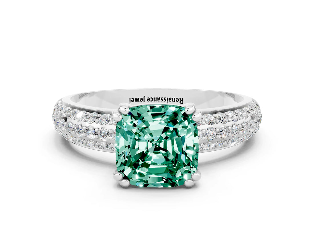 White gold Cushion Cut Cut Pave Diamond Engagement Ring with Channel Set Band and Four-Prong Setting
