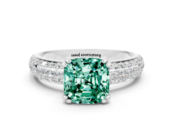 Platinum Cushion Cut Green Sapphire Solitaire Ring with Multi-Row Round Pavé Band and Prong Setting