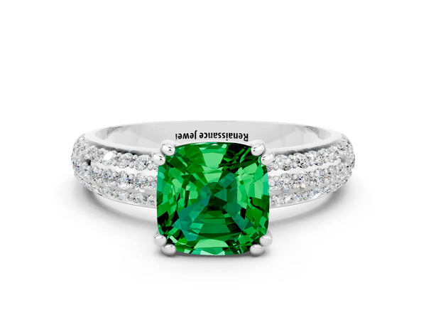 White gold Cushion Cut Emerald Solitaire Ring with Multi-Row Round Pavé Band and Prong Setting
