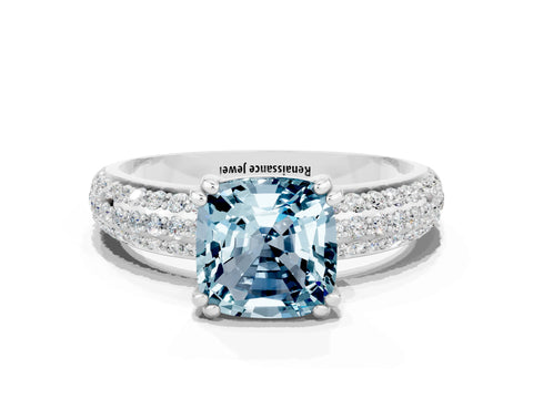 White gold Cushion Cut Cut Pave Diamond Engagement Ring with Channel Set Band and Four-Prong Setting