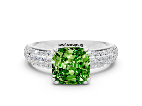 White gold Cushion Cut Cut Pave Diamond Engagement Ring with Channel Set Band and Four-Prong Setting