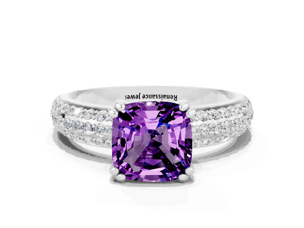 Platinum Cushion Cut Amethyst Solitaire Ring with Multi-Row Round Pavé Band and Prong Setting