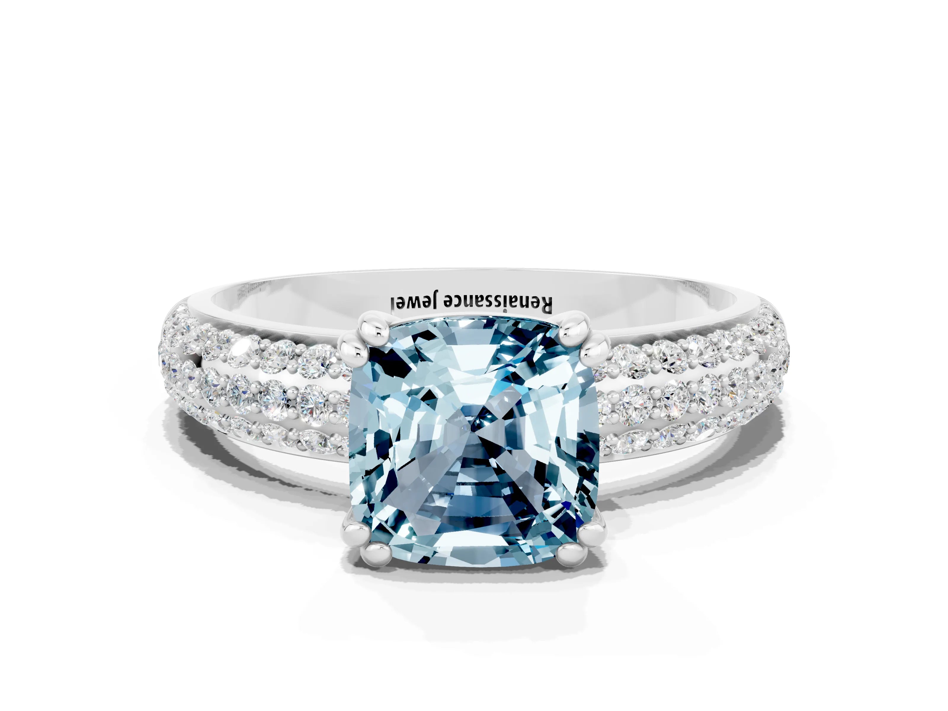 White gold Cushion Cut Cut Pave Diamond Engagement Ring with Channel Set Band and Four-Prong Setting