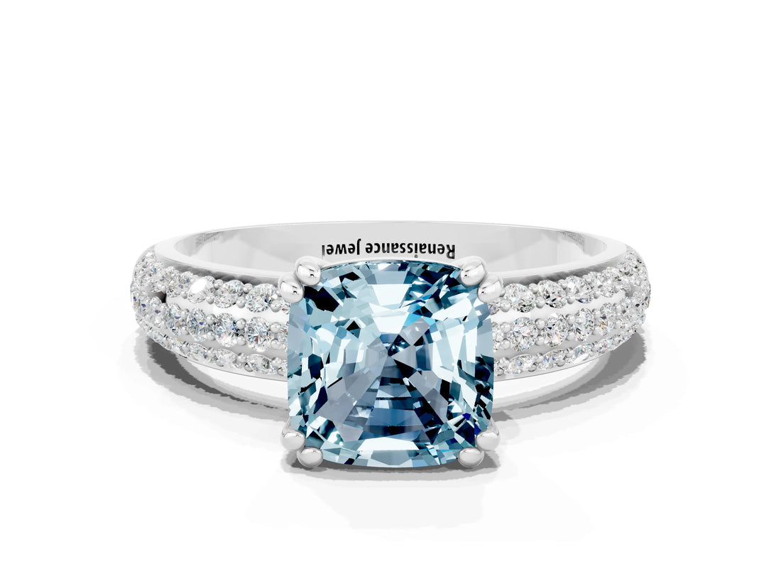 White gold Cushion Cut Cut Pave Diamond Engagement Ring with Channel Set Band and Four-Prong Setting