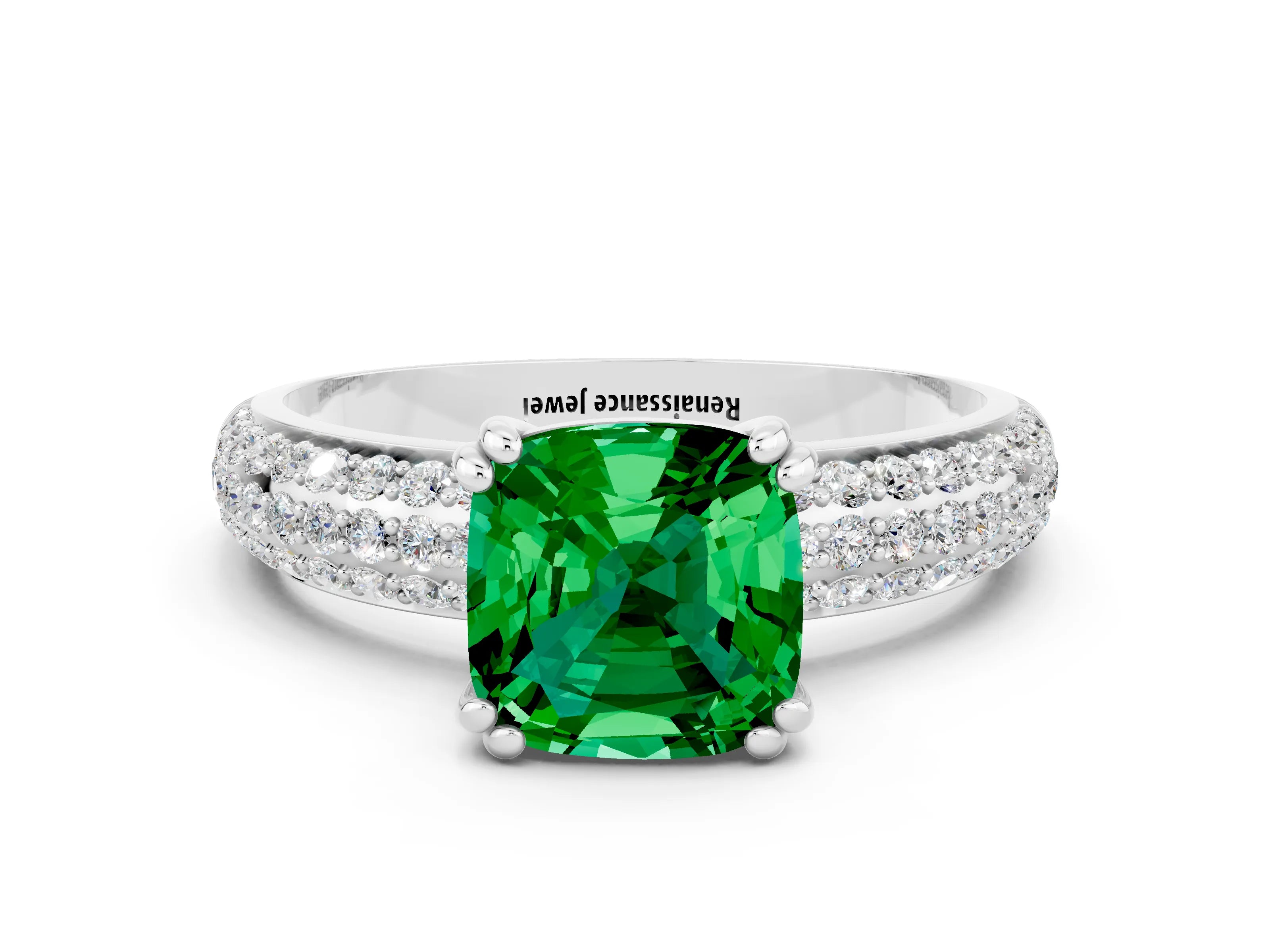White gold Cushion Cut Cut Pave Diamond Engagement Ring with Channel Set Band and Four-Prong Setting