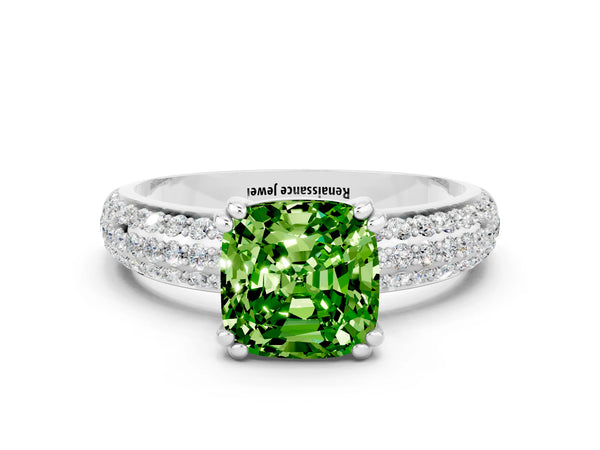 Silver Cushion Cut Cut Pave Diamond Engagement Ring with Channel Set Band and Four-Prong Setting