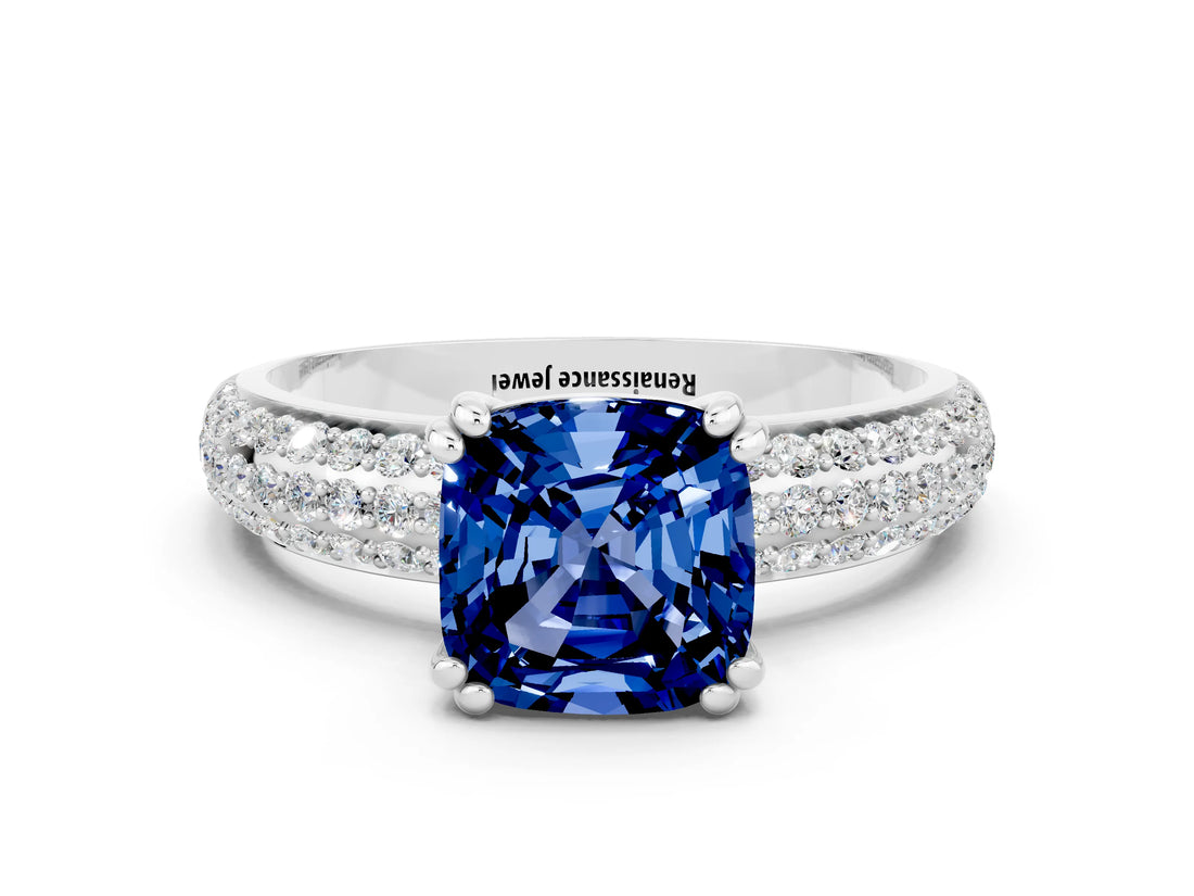 White gold Cushion Cut Cut Pave Diamond Engagement Ring with Channel Set Band and Four-Prong Setting