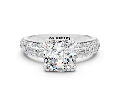 White gold Cushion Cut Cut Pave Diamond Engagement Ring with Channel Set Band and Four-Prong Setting