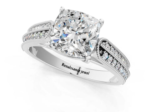 Silver 0.55 Carat E VVS1 Princess Cut Pave Split Shank Engagement Ring with Four-Prong Setting