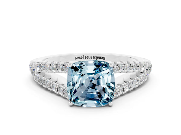 Platinum Cushion Cut Cut Split Shank Pave Diamond Engagement Ring with Four-Prong Setting