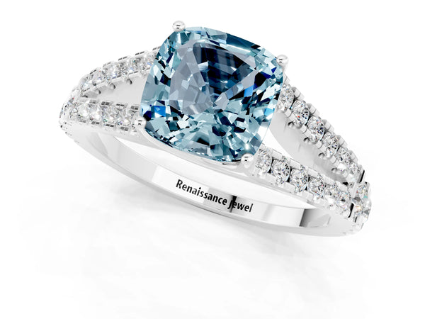 Platinum Cushion Cut Cut Split Shank Pave Diamond Engagement Ring with Four-Prong Setting