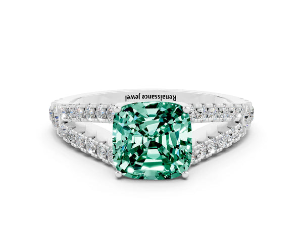 Platinum Cushion Cut Green Sapphire Split Shank Engagement Ring with Round Pavé and Prong Setting