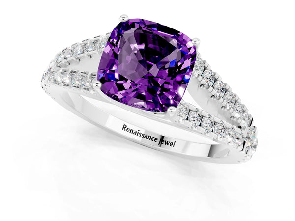Silver Cushion Cut Amethyst Split Shank Engagement Ring with Round Pavé and Prong Setting