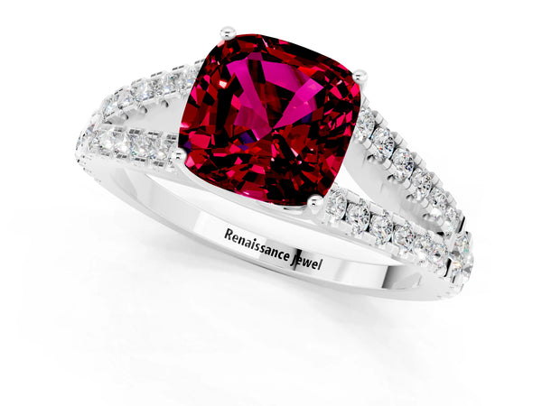Platinum Cushion Cut Garnet Split Shank Engagement Ring with Round Pavé and Prong Setting