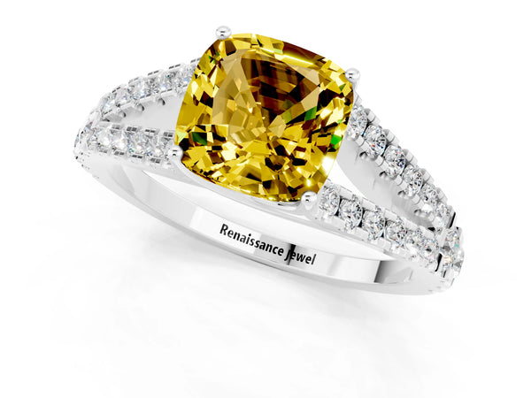 Platinum Cushion Cut Yellow Sapphire Split Shank Engagement Ring with Round Pavé and Prong Setting