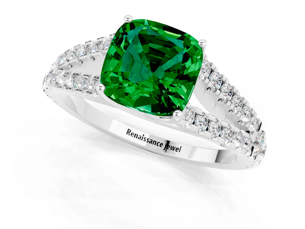 White gold Cushion Cut Emerald Split Shank Engagement Ring with Round Pavé and Prong Setting