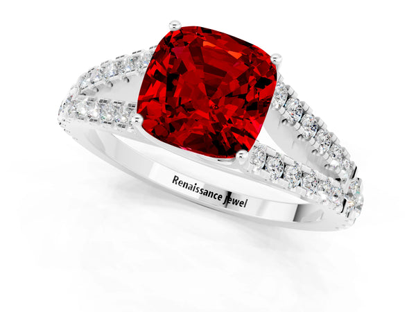 White gold Cushion Cut Ruby Split Shank Engagement Ring with Round Pavé and Prong Setting