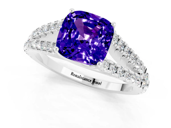 Silver Cushion Cut Tanzanite Split Shank Engagement Ring with Round Pavé and Prong Setting
