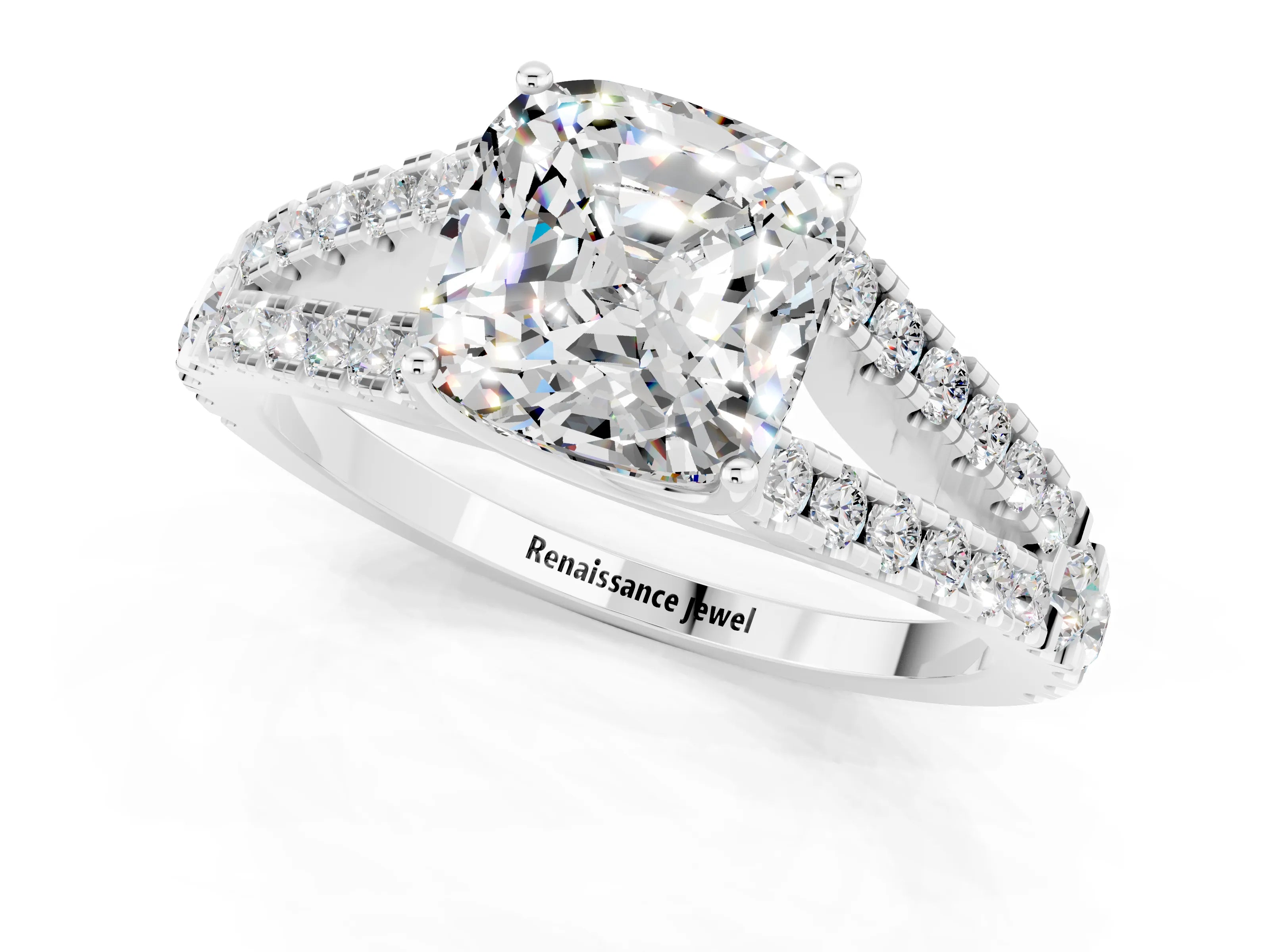 White gold Cushion Cut Cut Split Shank Pave Diamond Engagement Ring with Four-Prong Setting_1