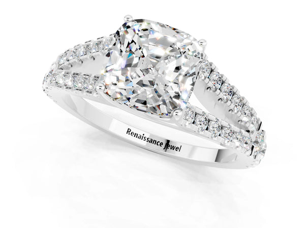 Platinum Cushion Cut Moissanite Split Shank Engagement Ring with Round Pavé and Prong Setting