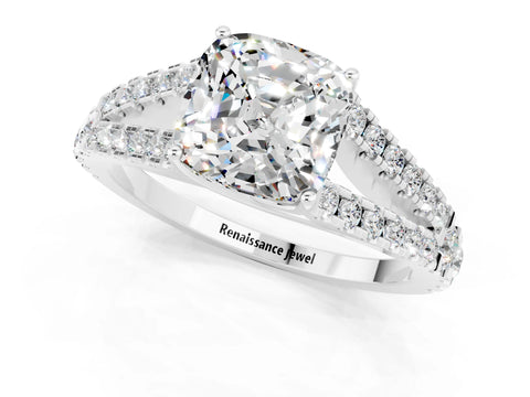 White gold Cushion Cut Cut Split Shank Pave Diamond Engagement Ring with Four-Prong Setting_1