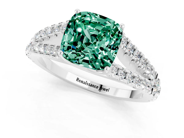 Platinum Cushion Cut Green Sapphire Split Shank Engagement Ring with Round Pavé and Prong Setting