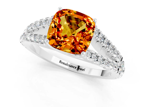 White gold Cushion Cut Citrine Split Shank Engagement Ring with Round Pavé and Prong Setting
